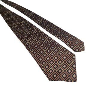 Simon Chang Geometric Silk Tie Brown Gold Square Design Men Formal Accessory